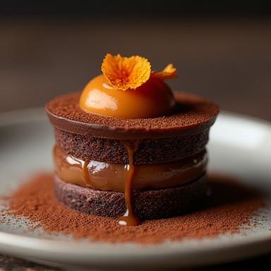 Dolce monoporzione al cioccolato fondente e caramello salato.