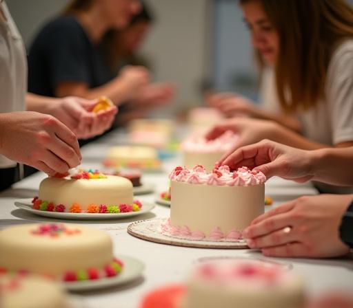 Partecipanti a un workshop di Isola Dolce mentre decorano una torta.